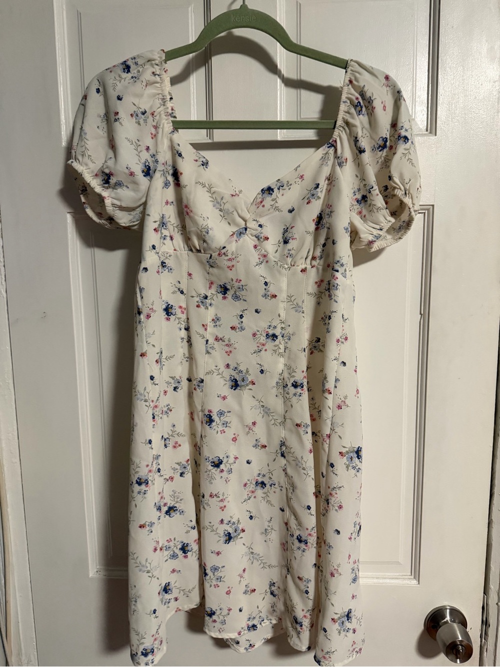 No Boundaries Cream Floral Puff-Sleeve Midi Dress with Blue & Pink Blossoms